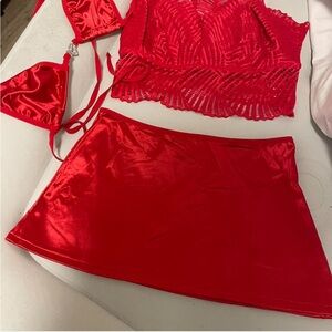 Red Lace and Satin Three-Piece Set